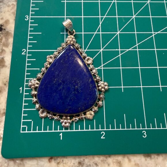 Lg Artisan Ornate Teardrop Lapis Lazuli Statement Pendant Sterling Silver Gift - Picture 3 of 8